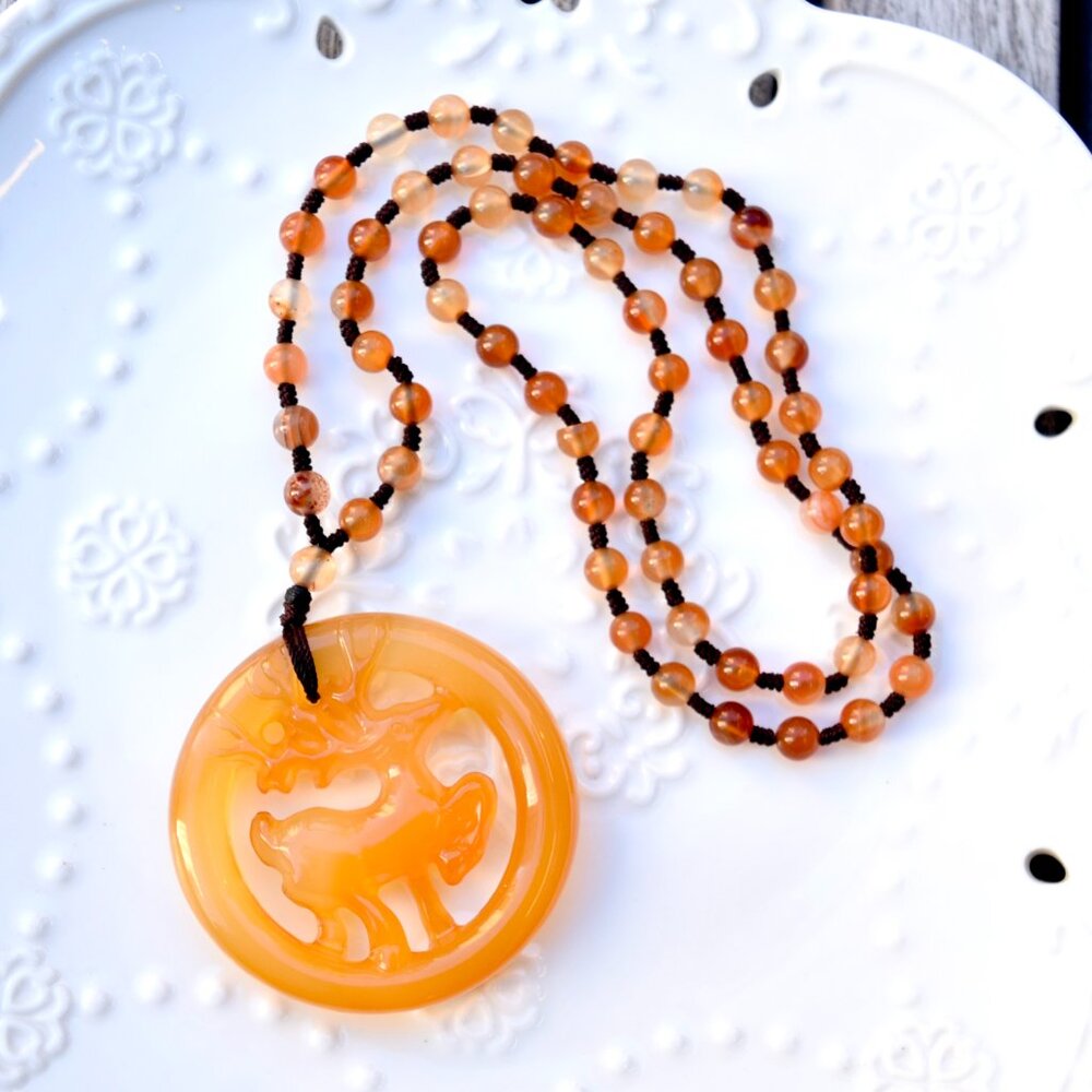 Agate Deer Pendant Necklace - Chinese Jade Stone Beaded Necklace - Picture 1 of 5